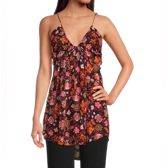 Free People Pixie Cross Back Floral Flowy Tunic Top Mini Dress Size XL Black - Picture 3 of 12